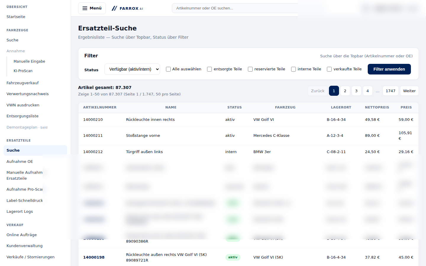 Screenshot Farrox ERP Teile- und Bestandsübersicht